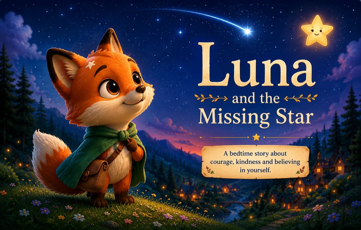 Luna the fox looking up at a falling star over the Moonwood forest