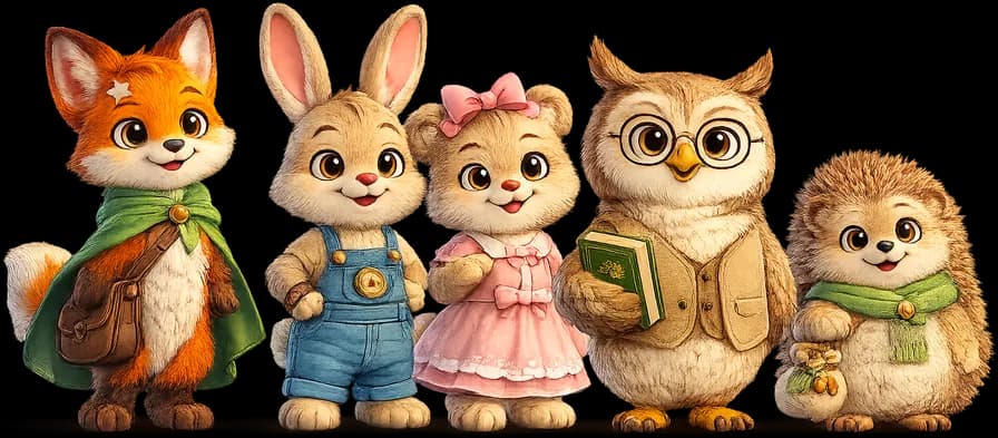 The Pufimo friends: Luna the fox, Oliver the rabbit, Mia the bear and Professor Owl